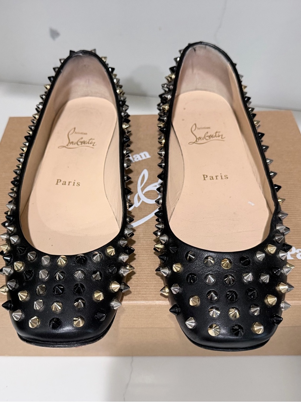 Christian Louboutin Black Leather Studded Square-Toe Flats